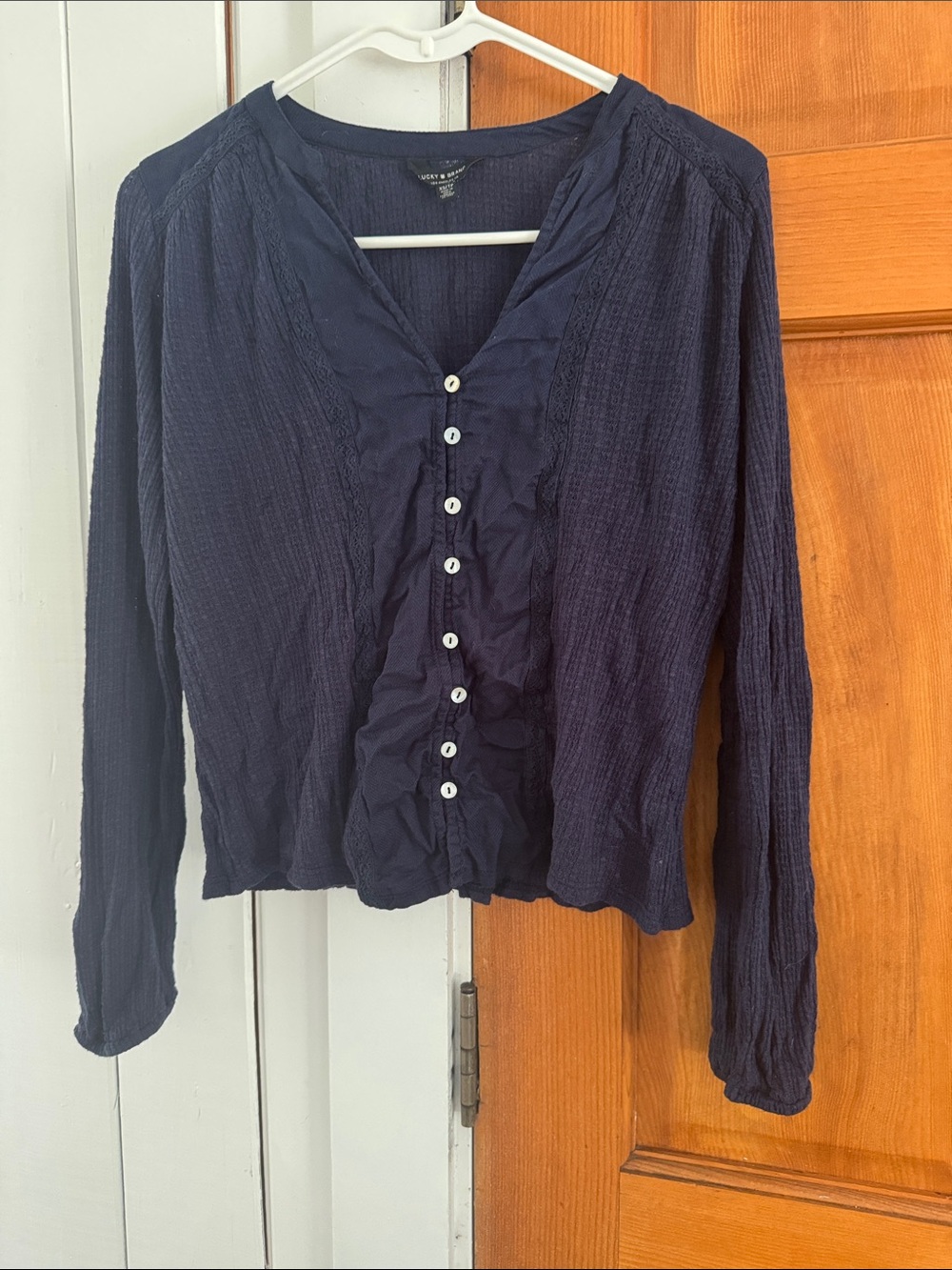 Lucky Brand Navy Button-Front Ruffle Blouse